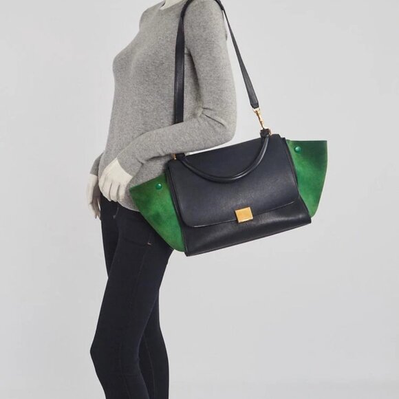 Celine Navy/Green Smooth Leather and Suede Medium Trapeze Bag - Picture 2 of 12